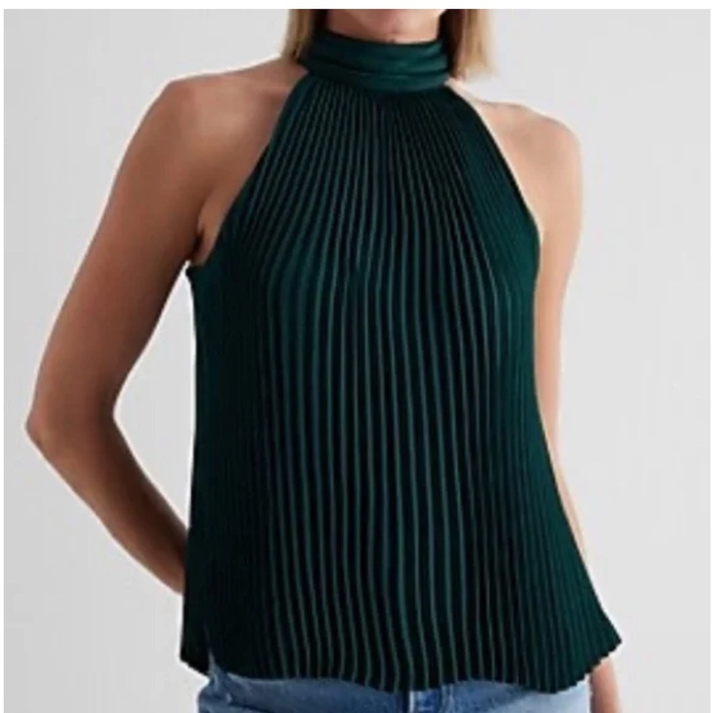 Express Green Tie Back Halter Neck Pleated Top‎